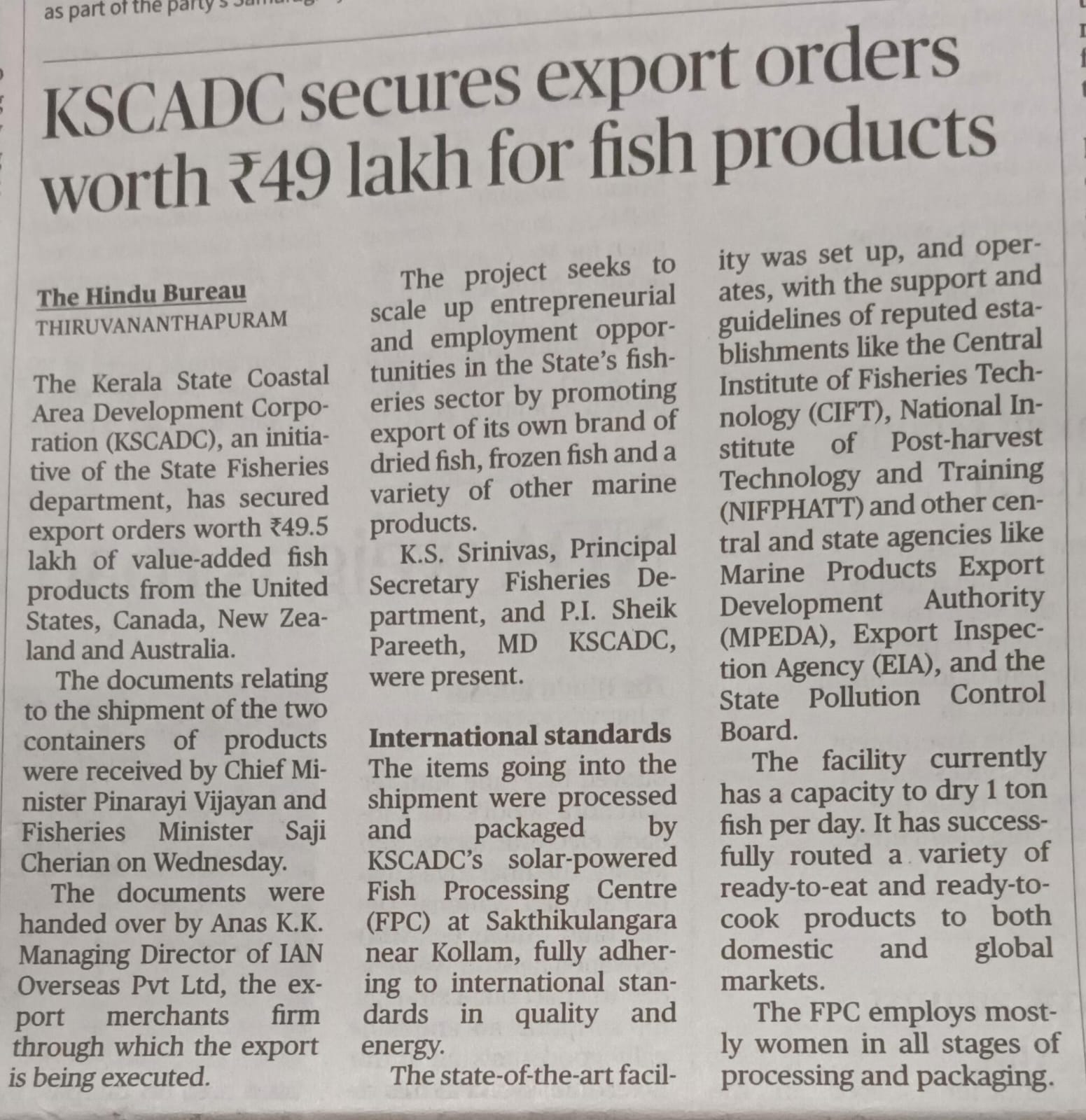 KSCADC secures export orders worth Rs.49 lakh for fish products